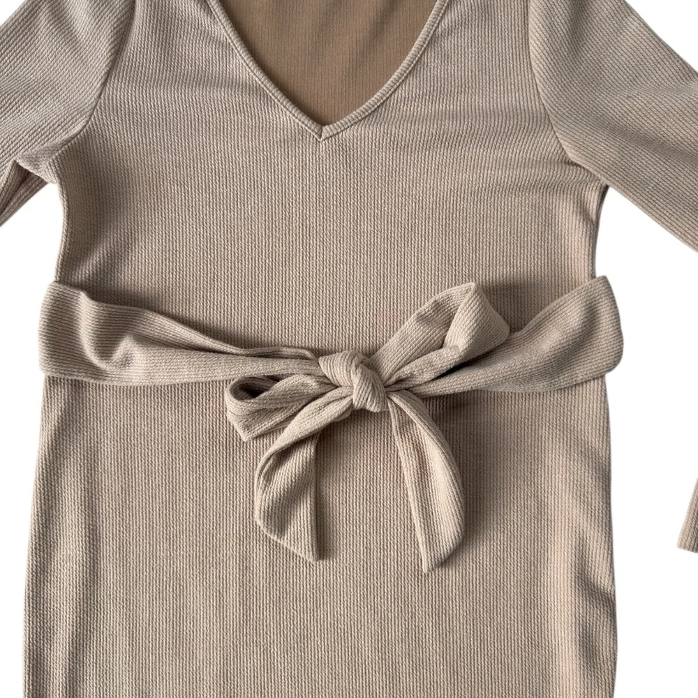 SHEIN Maternity Sweater Rib-Knit V Neck Belted Bodycon Dress Stretch Apricot L - Picture 2 of 12